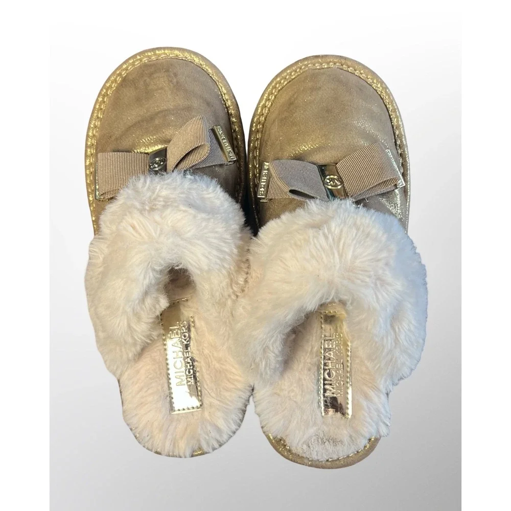 GUC Michael Kors Grace Bow Faux Fur Lined Mule Slippers Girls Size 1